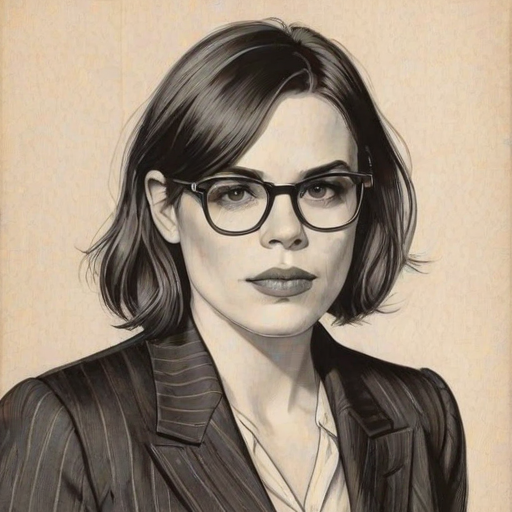 Bewitching Clea DuVall, pencil sketch, portrait of Graceful woman 1929s in glasses, hair style beatnik, outline, clear lines, fine lines, 8k