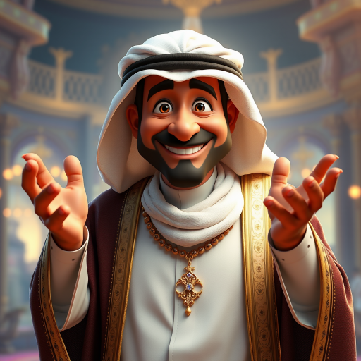 Create a 3D rendering of a wealthy Arab male sheikh from Dubai, inspired by the Disney animation style. The sheikh must have a smile and a playful but wise character. Place your character in an atmosphere of wealth and luxury. The image must be in high resolution format. Dynamic pose above the waist, gesturing with hands (Pixar Art style)++ highly detailed digital painting, art stations, concept art, soft focus, hard focus, illustrations. cinematic, visual effects, HDR, Unreal Engine 5, ray tracing, soft light, 8k, high detail, sparkling backlighting, luxury gem, game art, 3d, cartoon, colorful, magical, mysterious