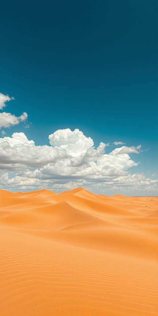 desert landscape with rolling orange sand dunes under a blue sky with fluffy white clouds, wide-angle view, f/8 aperture, ISO 100, 1/250 sec shutter speed, DSLR camera, high dynamic range settings