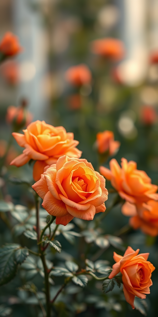 Capture a soft-focus image of blooming orange roses in a dreamy garden setting, using a Canon EOS R5 with a 50mm f/1.2 lens, aperture set to f/2.8, ISO 100, and a shutter speed of 1/200 sec, utilizing natural soft backlighting for an ethereal effect.