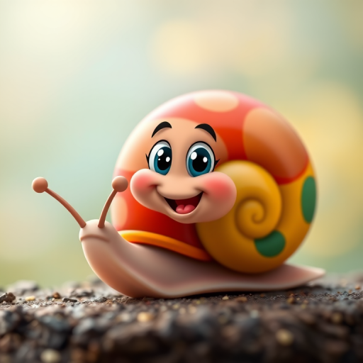 Create a vibrant cartoon-style image of a cheerful snail with a colorful shell, captured in high resolution using a DSLR camera with a 50mm lens, f/2.8 aperture, ISO 100, and a soft-focus background.
