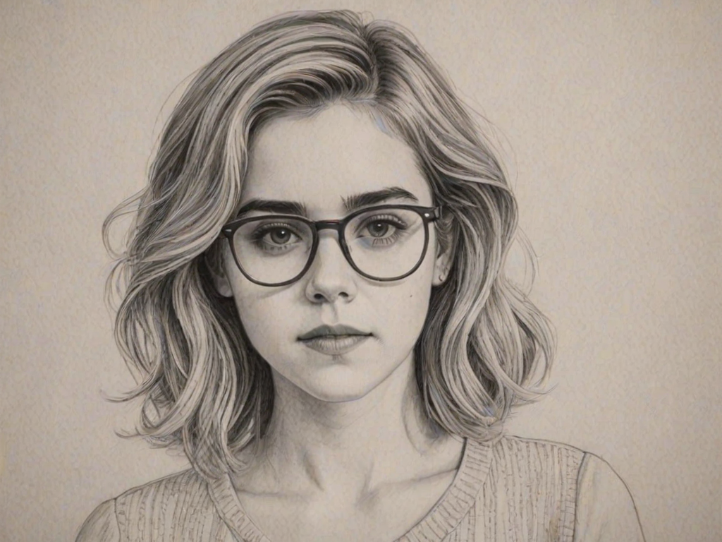 Delightful Kiernan Shipka, pencil sketch, portrait of Enticing woman 1977s in glasses, hair style beatnik, outline, clear lines, fine lines, 8k