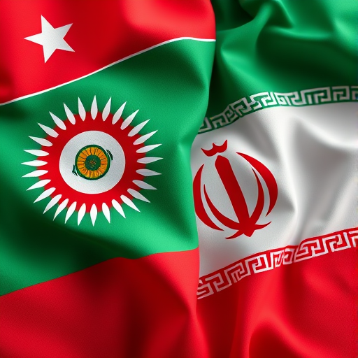 Create a high-resolution image of two flags, the Tajikistan flag and the Iran flag, in a soft flowing fabric texture, shot with a Canon EOS 5D Mark IV at f/8, ISO 100, 24mm lens, using a shallow depth of field to enhance the colors and details of the flags.
