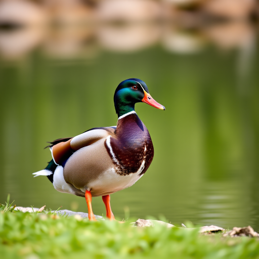 A vibrant male duck standing by a serene pond, captured with a Canon EOS R5, 85mm lens, f/1.8 aperture, ISO 100, natural lighting, shallow depth of field for a crisp foreground and soft background.