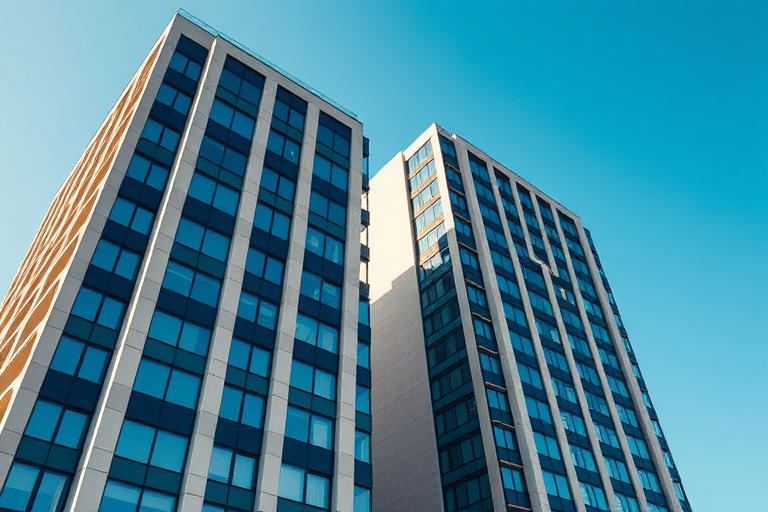 Generate a high-resolution image of two stylized office buildings, captured with a Canon EOS 5D Mark IV using a 24mm f/1.4 lens, aperture set to f/8, ISO 100, with a clear blue sky in the background, taken from a low angle for a dramatic perspective and vibrant colors.