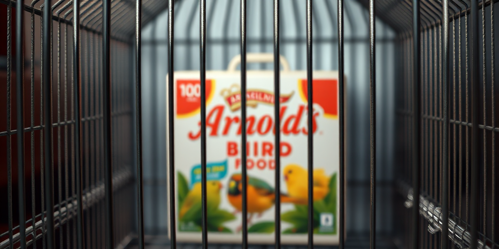 Create a hyper-realistic 3D render of a birdcage with an emphasis on details, featuring a box labeled "Arnold's Bird Food" in the background, using a Canon EOS 5D Mark IV camera, 50mm lens, aperture f/1.8, ISO 100, and a soft focus effect for depth.