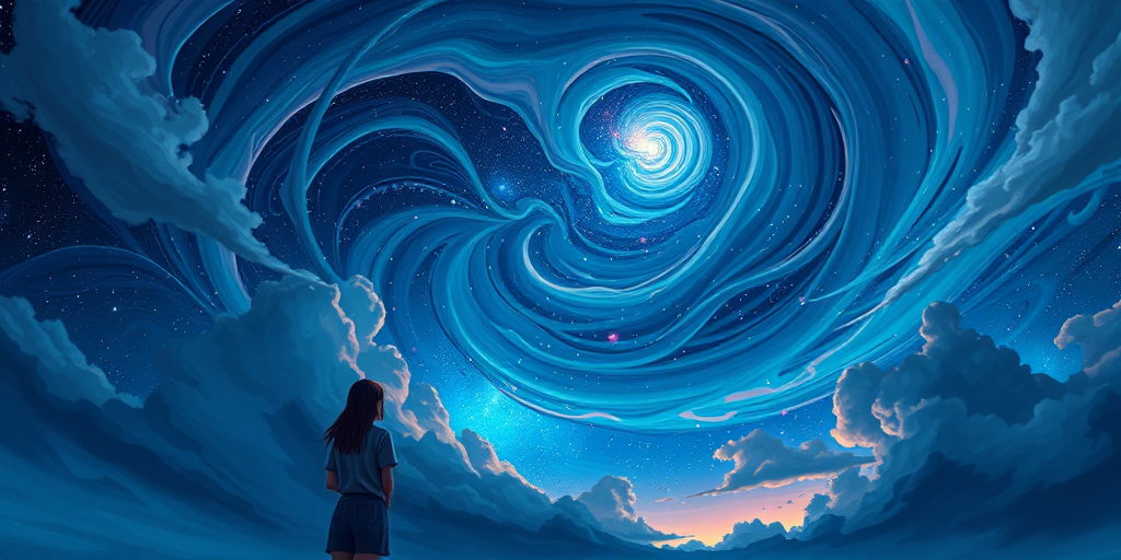 Create an illustration of a woman standing with her back to the viewer, painting a vibrant night sky filled with swirling clouds and stars, using a Canon EOS R5 camera, 50mm lens, f/1.8 aperture, ISO 200, 1/100 sec shutter speed, soft focus depth of field, and high dynamic range settings to enhance color and detail.