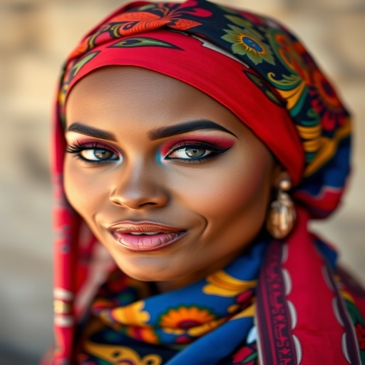portrait of a beautiful woman with striking makeup and a vibrant headscarf, soft focus background, natural light, shot with a DSLR camera at f/1.8, ISO 100, 85mm lens, slightly high angle view, vibrant colors and sharp details