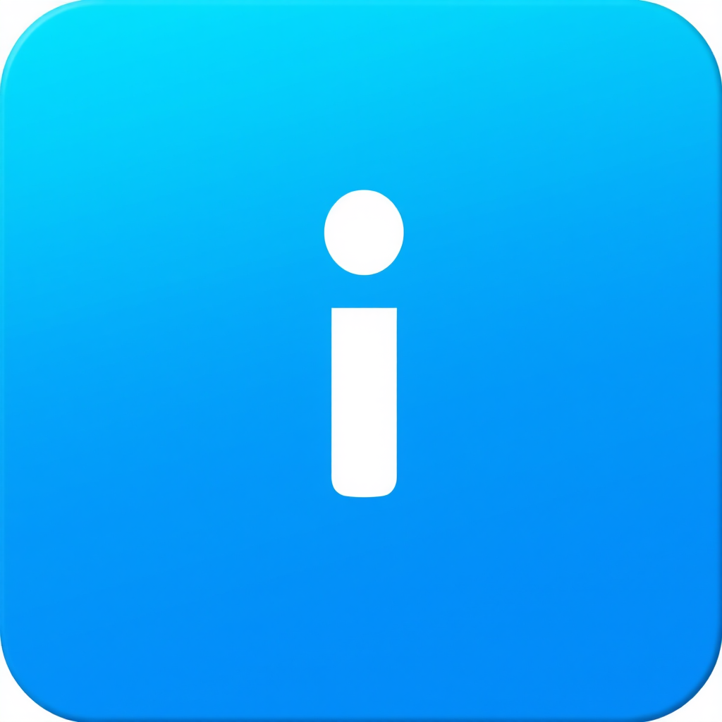 Create a high-resolution blue information icon featuring a bold white letter "i" in the center, use a DSLR camera with a 50mm lens, aperture set to f/2.8, shutter speed at 1/200 sec, and ISO 100, captured from a straight-on view with soft diffuse lighting to enhance the clarity and vibrancy of the colors.
