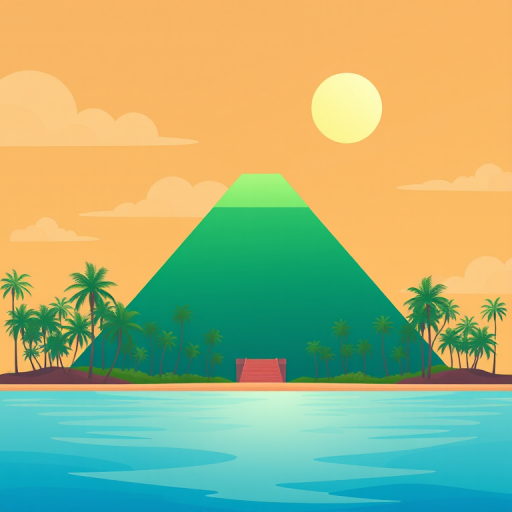 create an illustration of a large green pyramid surrounded by palm trees and a vibrant blue ocean under a bright sun with a light orange sky, using a Canon EOS R5, 24mm lens, f/8 aperture, ISO 100, in a flat design style with smooth gradients and minimalistic details