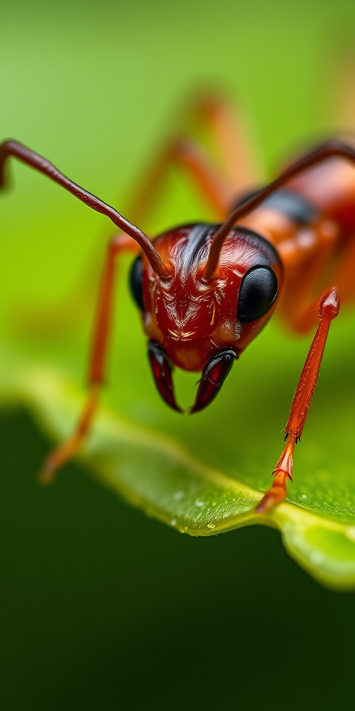 highly detailed macro photograph of a red ant on a green leaf, with a shallow depth of field, 100mm macro lens, f/2.8 aperture, ISO 200, natural light, focus on the ant's face and texture, soft bokeh background