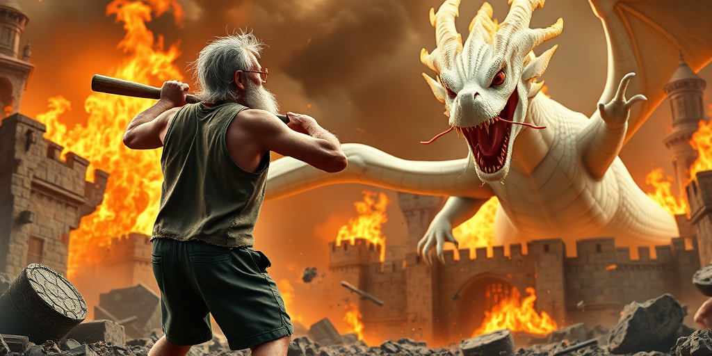 Cartoon 3D High-Resolution,dynamic battle scene using Unreal Engine 5 and Octane Render. The scene features back of an elderly, thai man with a beard,messy hair and round golden-rimmed glasses. He is wearing a tattered tank top with soot marks, shorts, and sandals. sweating. he wields a baseball bat. He jump to fight with a white fire-breathing Europe dragon amidst a partially destroyed stone castle. Include intense flames, smoke, and debris to enhance the dramatic effect.