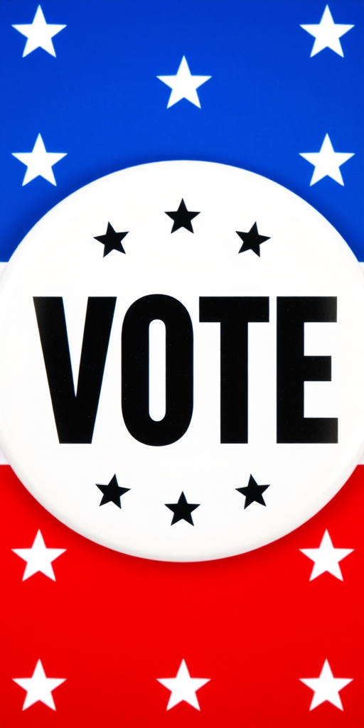 Create a high-resolution image of a circular political campaign button featuring bold black text that says "VOTE" on a background divided into red, white, and blue stripes, with white stars arranged on the red and blue sections; use a DSLR camera with a 50mm lens, aperture set to f/2.8, ISO 100, and a slight tilt for an artistic perspective.