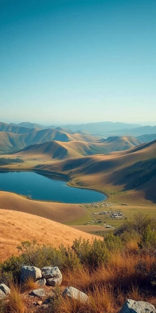 Create an ultra-realistic image of a serene landscape featuring rolling hills, a clear blue sky, and a tranquil lake reflecting the scenery, taken with a Canon EOS R5 at f/8, ISO 100, 1/125s, using a wide-angle lens from a high vantage point to capture the expansive view.