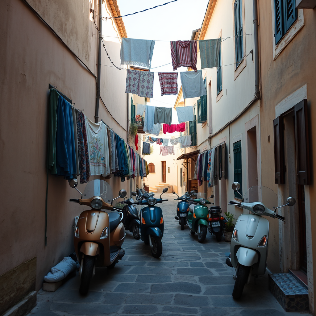 narrow street in a Greek island village with hanging laundry, vintage scooters parked, soft afternoon sunlight, aperture f/5.6, ISO 100, focal length 35mm, DSLR camera, wide-angle view