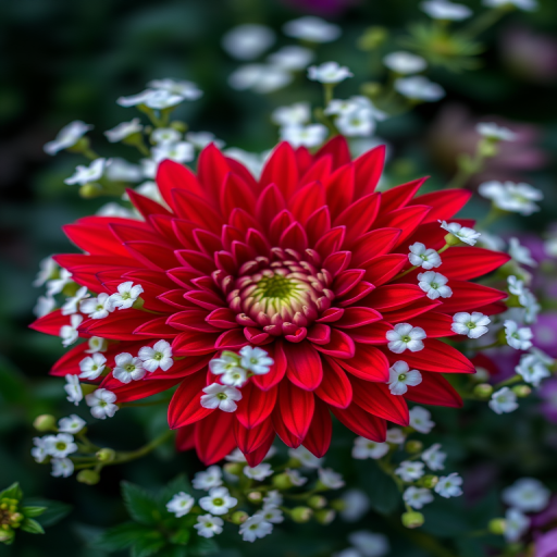 Close-up shot of a vibrant red chrysanthemum surrounded by delicate white flowers and green foliage, natural lighting, f/2.8, 1/200s, ISO 200, 50mm lens, DSLR camera, shallow depth of field for a soft background blur.