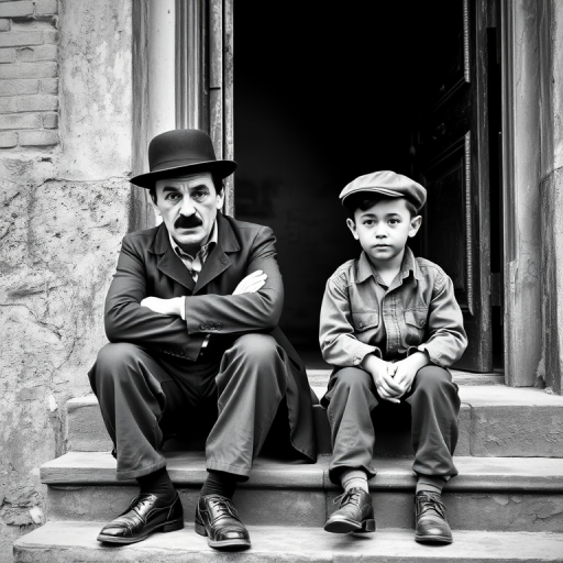 A black-and-white photograph of a man and a child sitting on steps in front of a doorway. The man is dressed as a tramp with a bowler hat, mustache, and ragged clothes, reminiscent of Charlie Chaplin's iconic look. He is sitting with his arms crossed and an expression of slight sadness or frustration. Next to him is a young boy, also in worn clothes and a cap, sitting with his hands clasped, looking thoughtful. The background is an old, textured wall and a partially open door, creating a vintage, early 20th-century atmosphere.