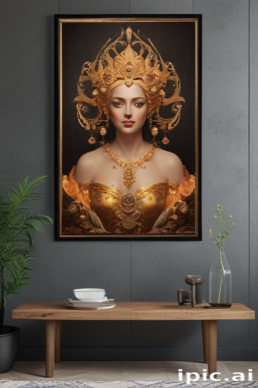 Elegant Portrait of a Regal Woman Adorned in Golden Jewelry and Crown