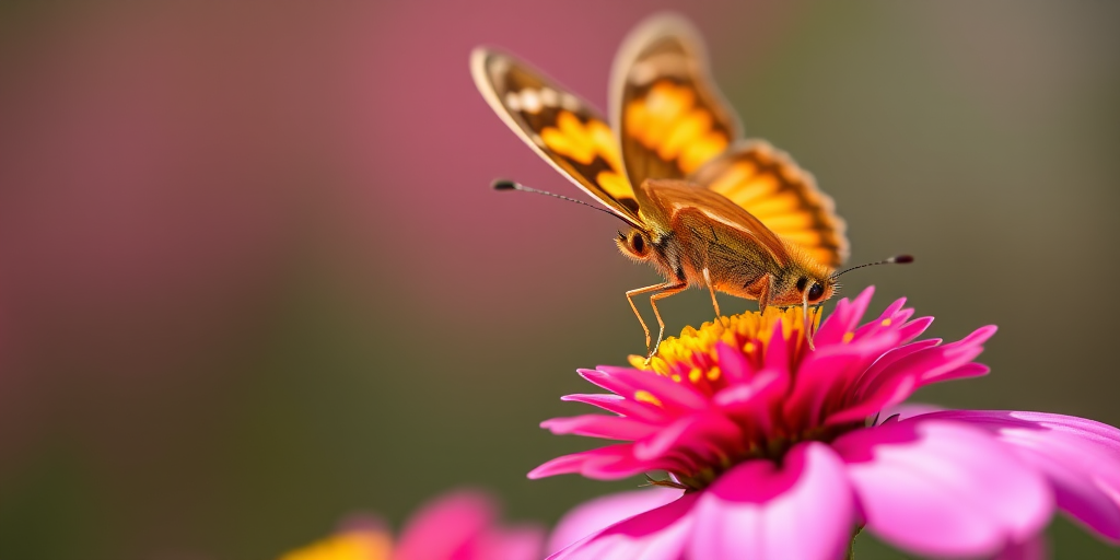 Close-up of a butterfly perched on a vibrant flower with a soft-focus background, using a macro lens, aperture f/2.8, shutter speed 1/200s, ISO 100, shot in natural light with a DSLR camera for enhanced clarity and detail.