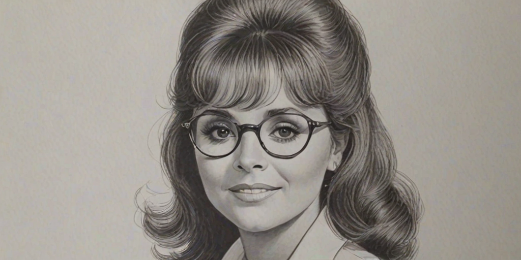 Beauteous Dawn Wells, pencil sketch, portrait of Bewitching woman 1978s in glasses, hair style beatnik, outline, clear lines, fine lines, 8k