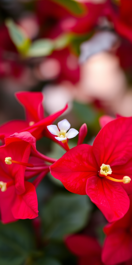 close-up shot of vibrant red bougainvillea flowers with a small white flower in the center, shallow depth of field, ISO 100, aperture f/2.8, 50mm lens, natural light, DSLR camera