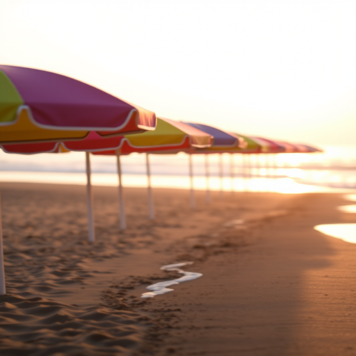 Soft-focus image of a row of colorful beach umbrellas lined up along a sandy shore, soft golden light from the setting sun reflecting off the ocean, with gentle waves lapping at the beach.