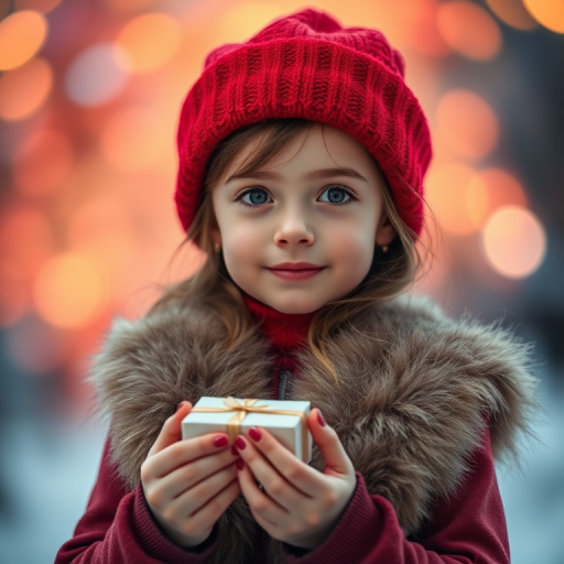 portrait of a young girl wearing a red hat and fur vest holding a small box, glowing ethereal background with colorful bokeh, captured with a Canon EOS R5, 85mm f/1.2 lens, ISO 100, aperture f/1.8, shutter speed 1/125s, soft focus effect for a dreamy look.