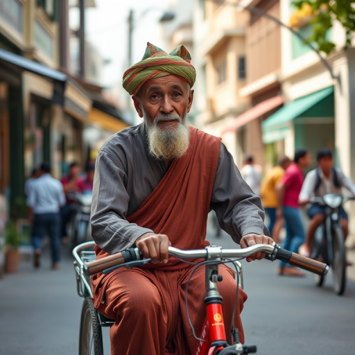 Capture a scene of an elderly man in traditional attire riding a tricycle through a lively street, with outdoor cafes and people in the background, using a Canon EOS R5, 50mm lens, f/2.8 aperture, ISO 100, natural light, and a slight bokeh effect to enhance the focus on the man while blurring the background.