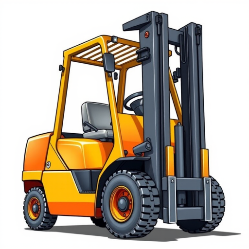 Create a detailed illustration of a yellow and orange forklift with a realistic look, captured from a three-quarter front view, using a DSLR camera at f/5.6 aperture, ISO 100, and a shutter speed of 1/200s to enhance clarity and depth.