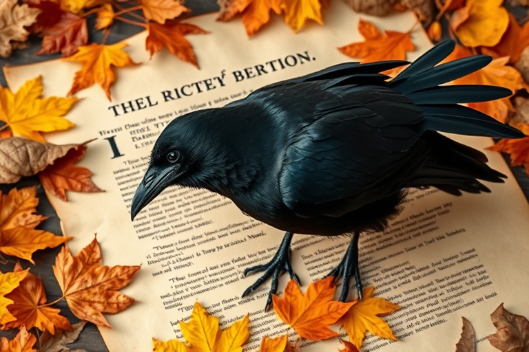 Create a highly detailed image of a majestic raven perched on an old parchment surrounded by autumn leaves, using a full-frame DSLR camera with a 50mm lens at f/1.8, 1/125s shutter speed, and ISO 100, in a soft natural light setting for enhanced colors and textures.