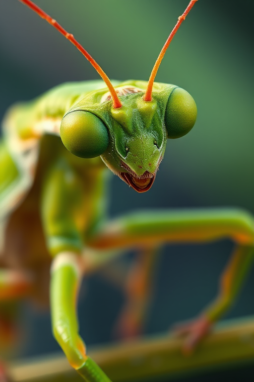 Create a highly detailed illustration of a vibrant green praying mantis, capturing intricate textures and colors, using a macro lens at f/2.8, 1/200s shutter speed, with soft diffused lighting, from a low-angle perspective to enhance its features, in a digital painting style.