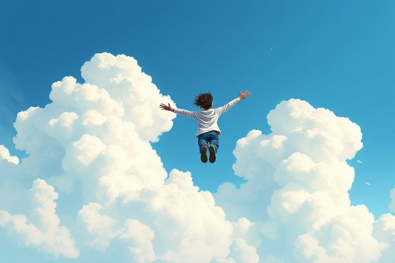create an illustration of a person flying through a clear blue sky with fluffy white clouds, use a digital art style, set the camera to a wide-angle lens, aperture f/8, ISO 100, and a high-resolution output.