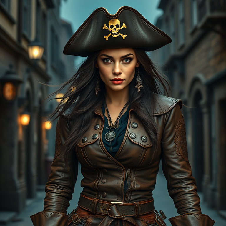 Create a portrait of a fierce female pirate. She wears a leather tricorn hat adorned with a skull and crossbones emblem, and her long, dark hair flows around her face. Her outfit consists of a richly detailed leather jacket, a corset, and multiple layers of belts and accessories, giving her a formidable and stylish appearance. She stands confidently in a dimly lit, historic port town, with a backdrop of weathered buildings and cobblestone streets, capturing the adventurous spirit of a pirate.