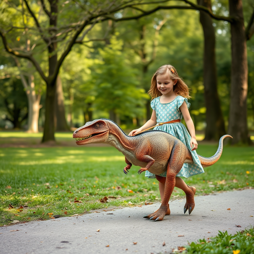 12 year old girl in a dress walking her pet Velociraptor on a leash through a park