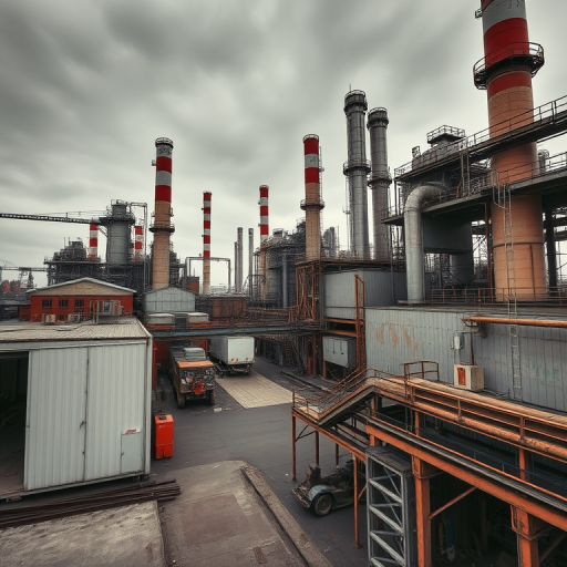 industrial complex in a desaturated color palette, captured with a Canon EOS R5, 24mm lens, f/8 aperture, ISO 100, 1/125 sec shutter speed, wide angle view, HDR style for enhanced detail and dynamic range.