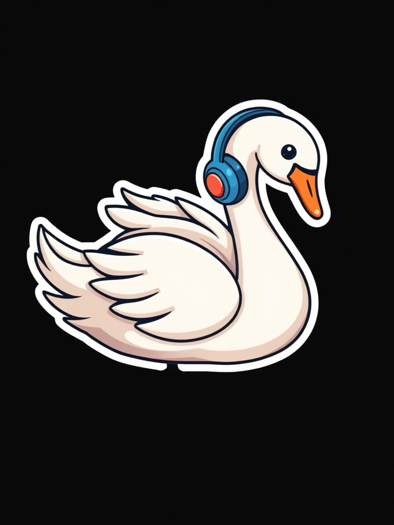imagine sticker, Happy Colorful Swan wearing Headphones, kawaii, contour, vector, black background