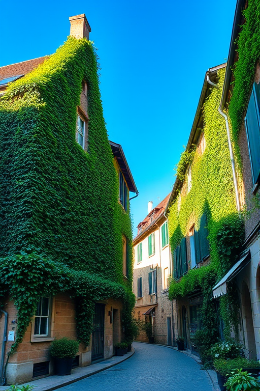 capture a serene street view in a quaint European village with lush ivy-covered buildings under a clear blue sky, use a Canon EOS R5 with a 24-70mm f/2.8 lens, aperture set at f/8 for depth of field, ISO 200 for low noise, and a slight polarizing filter to enhance colors and contrast, focus on the intricate details of the architecture and the greenery, shoot from eye level for a natural perspective