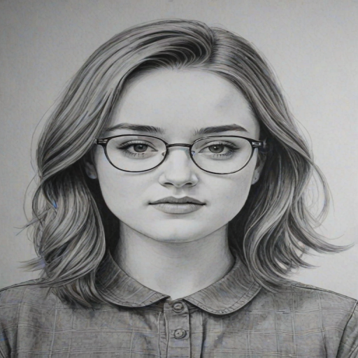 Attractive Kaitlyn Dever, pencil sketch, portrait of Radiant woman 1961s in glasses, hair style beatnik, outline, clear lines, fine lines, 8k