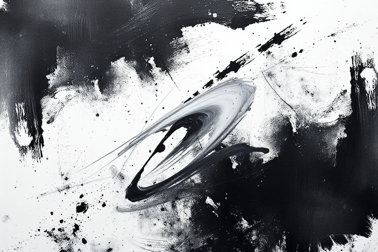 Create an abstract black and white painting with textured brushstrokes, emphasizing contrast and depth, captured in high resolution with a DSLR camera, 50mm lens, f/1.8, ISO 100, natural lighting, and a shallow depth of field.