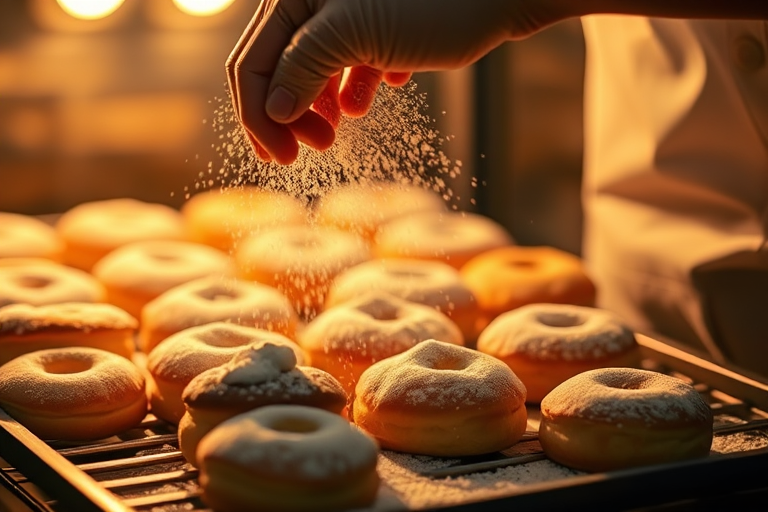 Warm, softly lit image of a baker dusting powdered sugar over freshly baked pastries, soft glow from the oven casting warm shadows, with the smell of vanilla and cinnamon in the air.