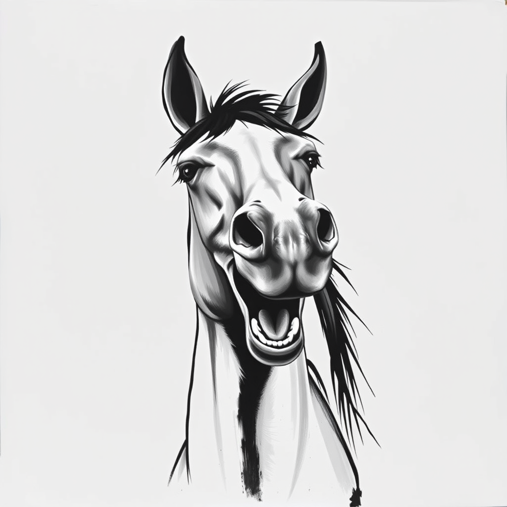 Abstract black and white acrylic portrait of an over exaggerated laughing (horse). Minimalism style. White background.