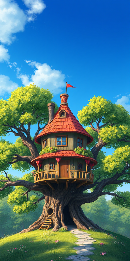 Create a high-quality illustration of a whimsical treehouse surrounded by lush green trees and a vibrant blue sky, captured with a Canon EOS R5 at f/2.8, ISO 100, and a 24mm lens from a slightly elevated angle to enhance depth and detail.