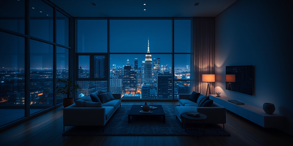 interior of a modern living room at night with blue ambient lighting, a large window showcasing a city skyline, cozy sofa, minimalist decor, captured using a DSLR camera, aperture f/2.8, ISO 400, shutter speed 1/60s, wide-angle lens, soft focus style