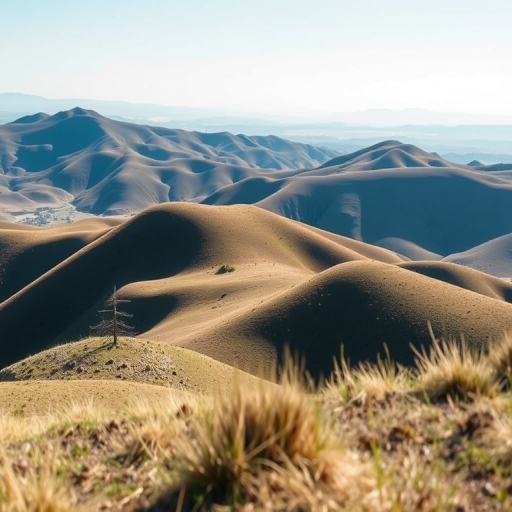 Generate a high-resolution image of a serene landscape featuring rolling hills and a clear blue sky, captured with a DSLR camera at f/8 aperture, ISO 100, 1/200 shutter speed, with a wide-angle lens, shot from a low angle to emphasize the foreground.