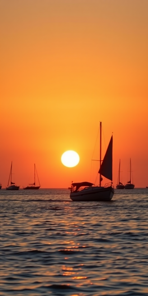 sunset over calm waters with silhouettes of boats, warm orange and golden hues, low angle view, aperture f/8, ISO 100, 1/200 sec, landscape orientation, DSLR camera
