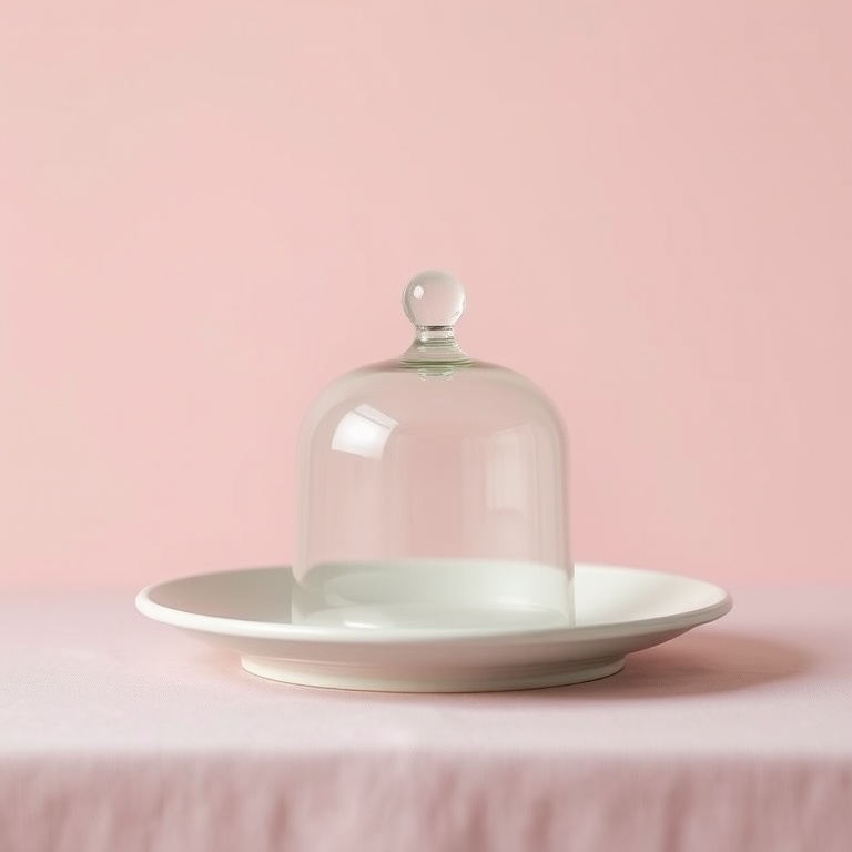 Create a minimalist image of a cloche on a plate against a soft pastel background, using a Canon EOS R5 with an f/4 aperture, 1/125 shutter speed, ISO 100, and a 50mm lens, ensuring a clean and sharp focus with a slight bokeh effect in the background.