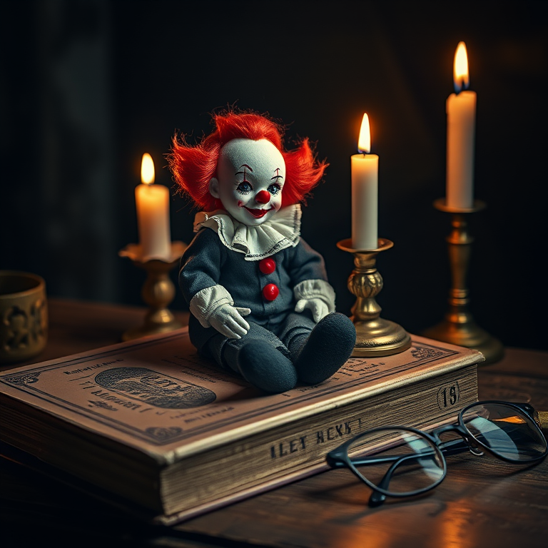 Create a surreal image featuring a clown doll sitting on an antique book beside a lit candle, with a pair of glasses nearby, using a DSLR camera at f/2.8, ISO 100, shutter speed 1/60s, in a soft focus style with dramatic lighting to enhance texture and mood.