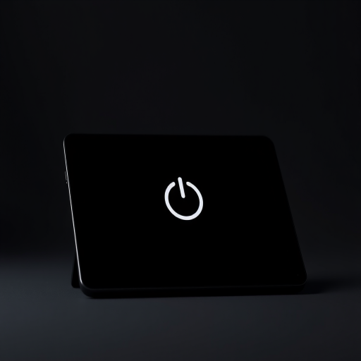 Create an image of a sleek black tablet with a glowing power button, using a 50mm lens, f/1.8 aperture, ISO 100, and a focus on the tablet against a minimalistic background, shot from a slight angle to emphasize the screen and design.