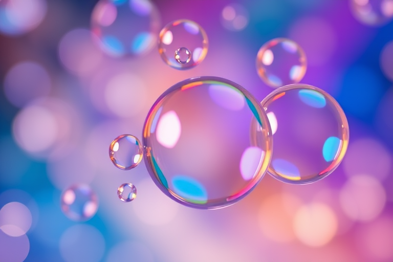 generate an image of reflective bubbles in vibrant colors of blue, purple, and gold, floating in a soft-focus background, use a 50mm lens, f/1.8 aperture, ISO 100, shutter speed 1/250s, shooting in macro style with a professional DSLR camera.