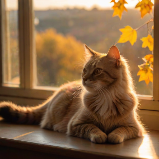 Softly focused image of a cat lounging on a windowsill, soft golden light from the setting sun illuminating its fur, with a vibrant autumn landscape visible through the glass, leaves gently falling in the background.